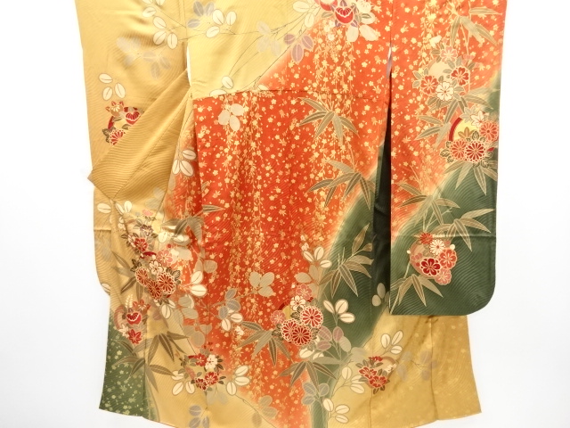リサイクル　枝垂れ桜に花丸文様刺繍振袖・袋帯・帯揚げ・帯締め・重ね衿セット